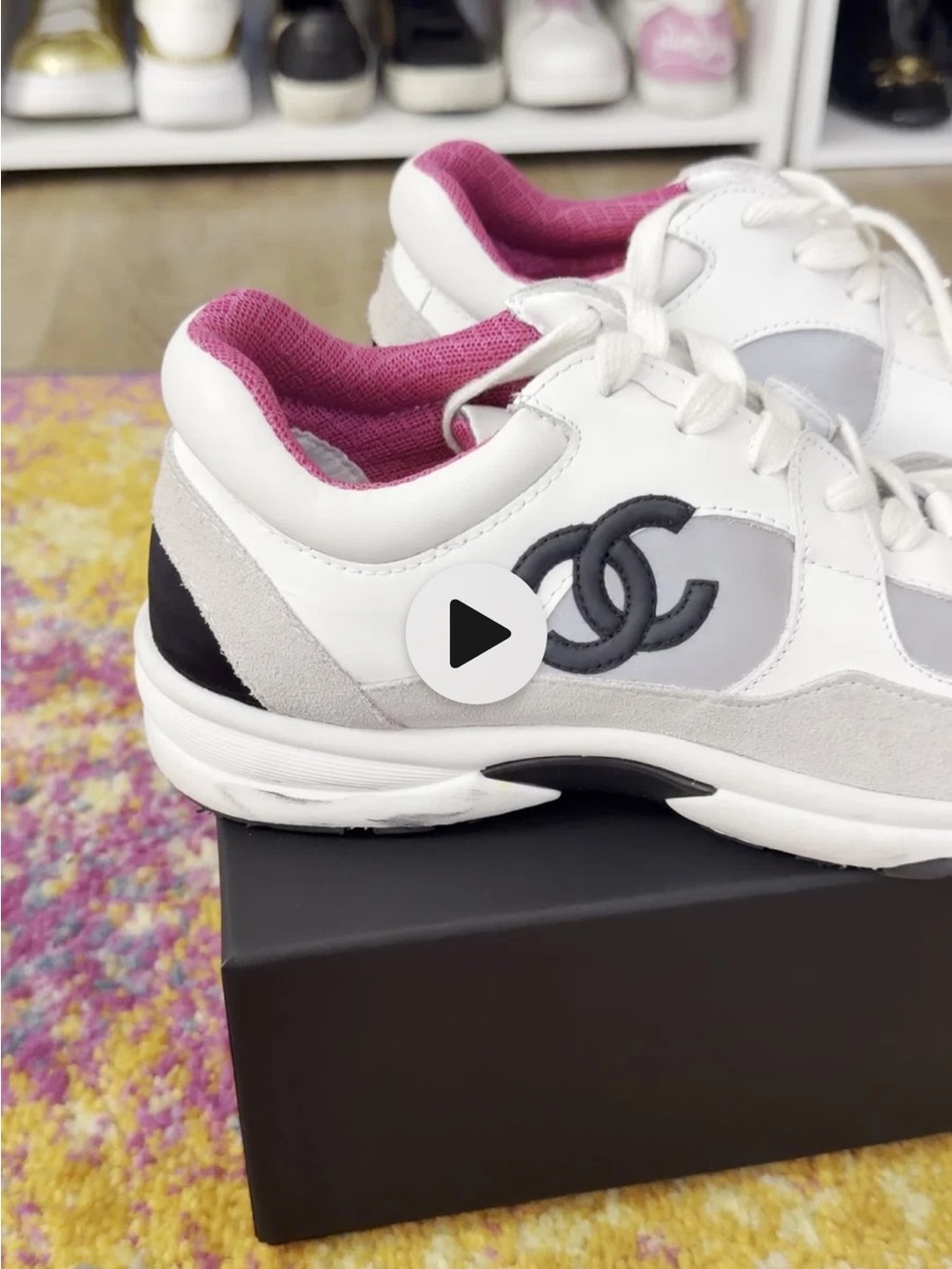 CHANEL White Sneakers with Pink Lining and Black Logo - Picture 7 of 7